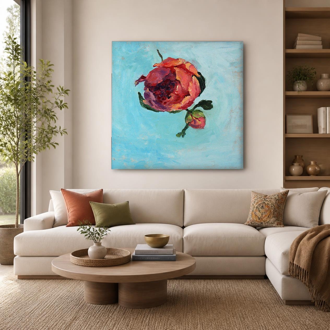 Pioenroos in bloei, Bloemen & Stilleven schilderij aan de muur in interieur