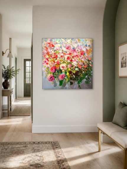 Weelderig Rozenboeket, Bloemen & Stilleven schilderij aan de muur in interieur