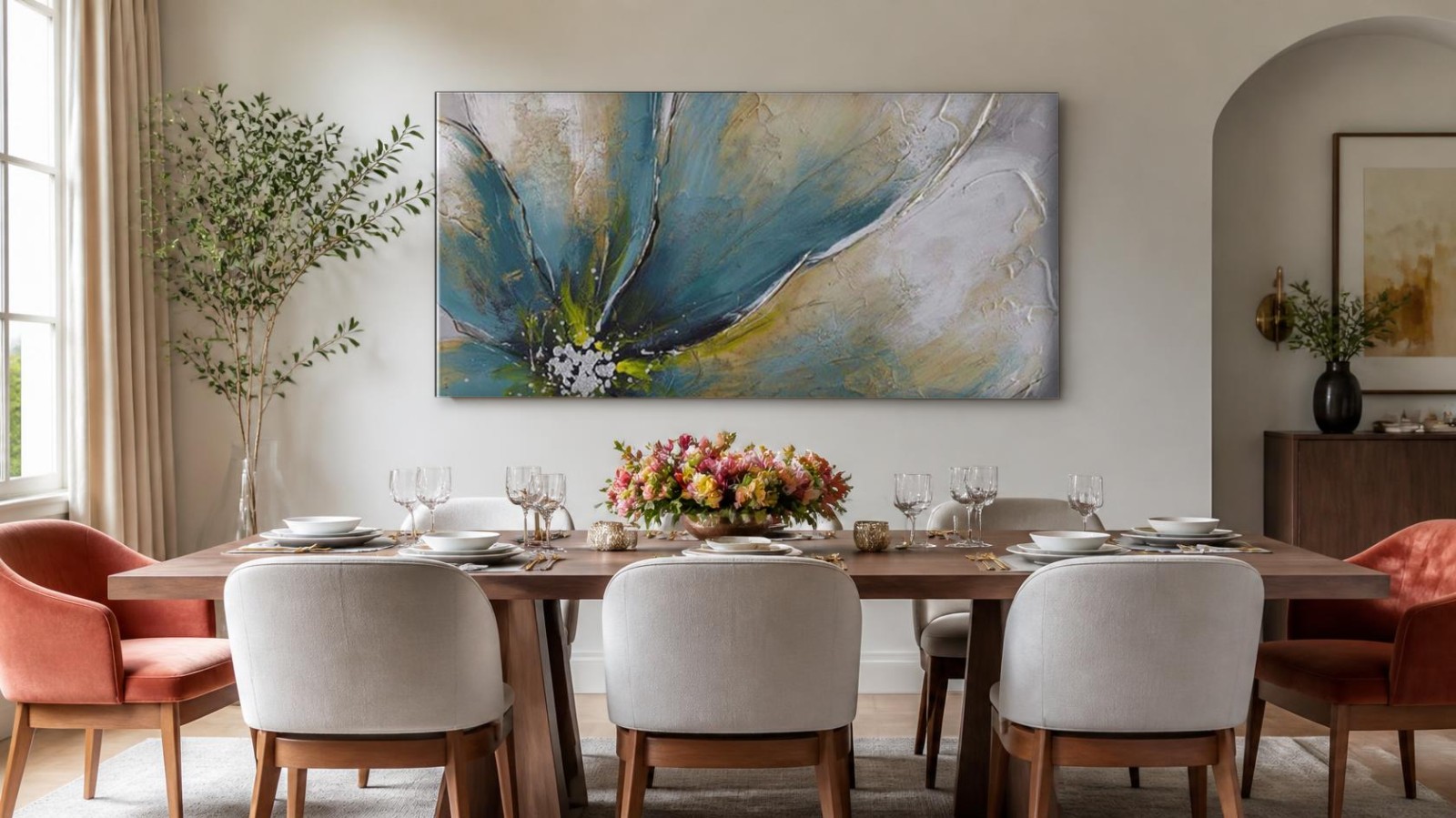 Turquoise Bloesem met Goudglans, Bloemen & Stilleven schilderij aan de muur in interieur