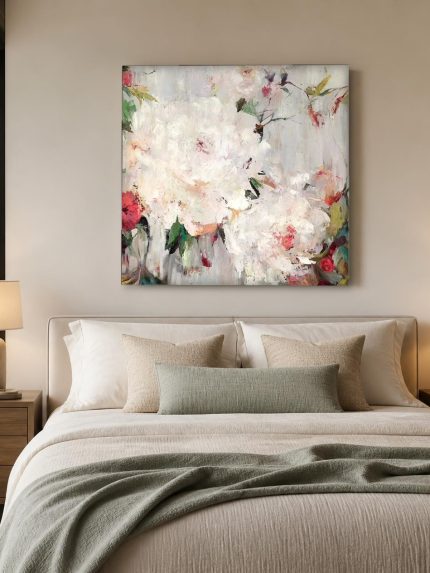 Witte pioenen in bloei, Bloemen & Stilleven schilderij aan de muur in interieur