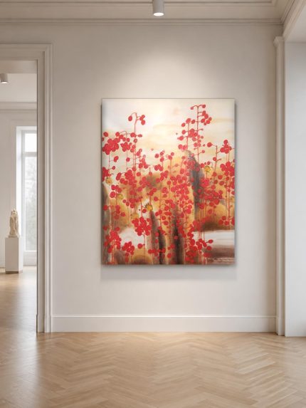 Rode winterbes in gouden veld, Bloemen & Stilleven schilderij aan de muur in interieur