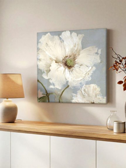 Witte klaproos in bloei, Bloemen & Stilleven schilderij aan de muur in interieur