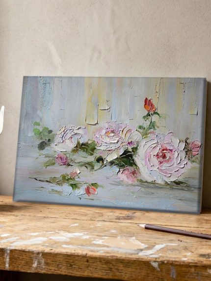 Rozen in paletmesstructuur, Bloemen & Stilleven schilderij aan de muur in interieur