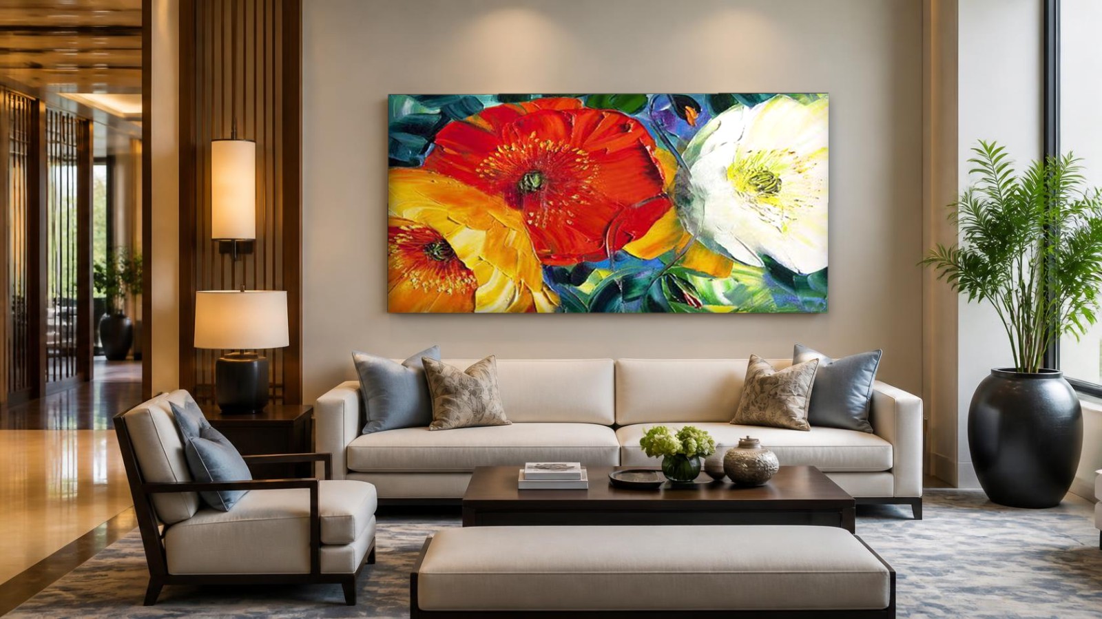 Klaprozen in bloei, Bloemen & Stilleven schilderij aan de muur in interieur