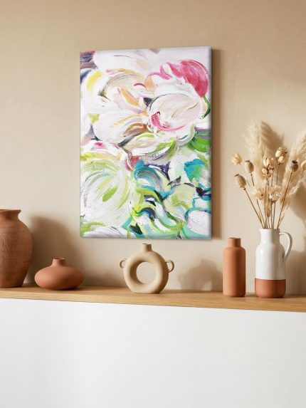 Wervelende Bloesem in Roze en Groen, Bloemen & Stilleven schilderij aan de muur in interieur
