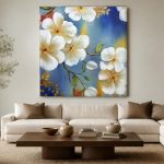 Witte bloesemtak in avondlicht, Bloemen & Stilleven schilderij aan de muur in interieur