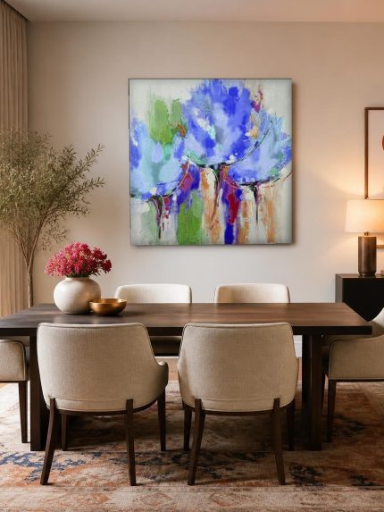 Blauwe Bloesem in Beweging, Bloemen & Stilleven schilderij aan de muur in interieur