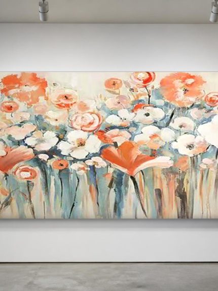 Veldbloemen in Koraal en Wit, Bloemen & Stilleven schilderij aan de muur in interieur
