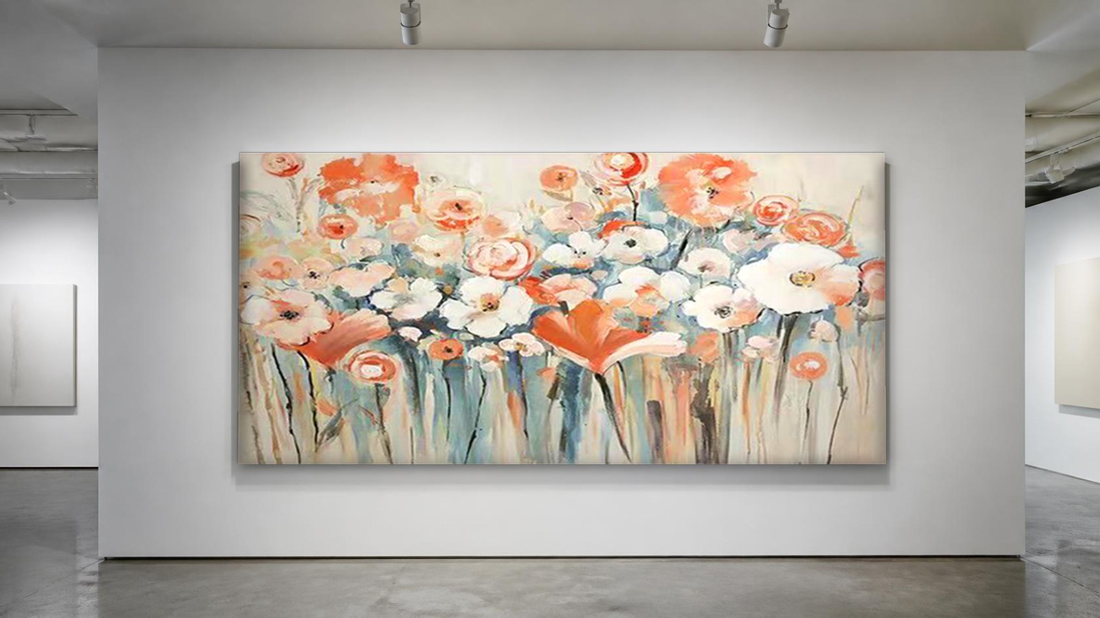 Veldbloemen in Koraal en Wit, Bloemen & Stilleven schilderij aan de muur in interieur