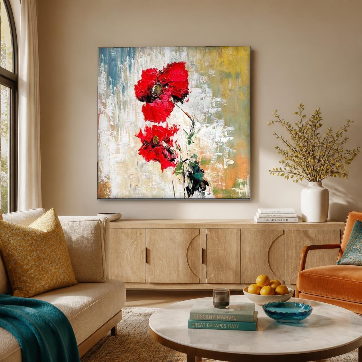 Klaprozen in Impasto, Bloemen & Stilleven schilderij aan de muur in interieur