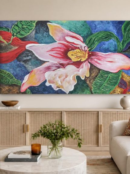 Roze Orchidee in Vol Bloei, Bloemen & Stilleven schilderij aan de muur in interieur