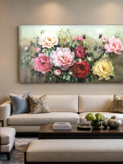 Weelderig Pioenenboeket, Bloemen & Stilleven schilderij aan de muur in interieur