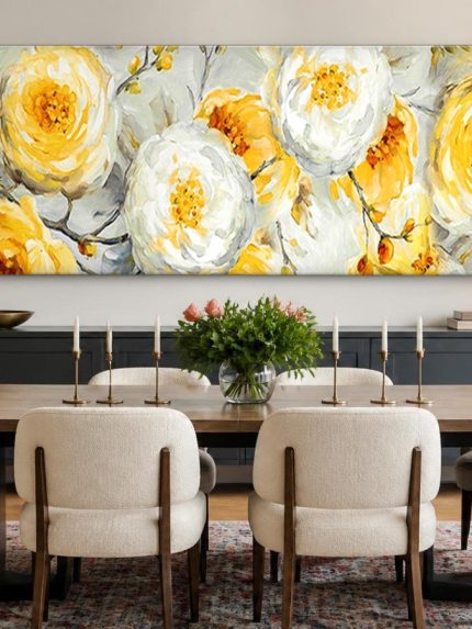 Gele rozen in bloei, Bloemen & Stilleven schilderij aan de muur in interieur