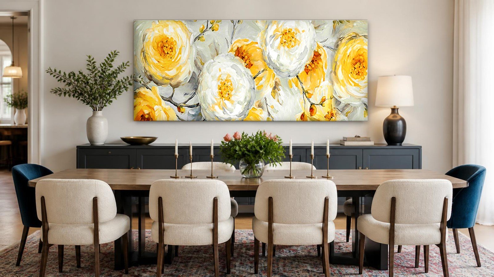 Gele rozen in bloei, Bloemen & Stilleven schilderij aan de muur in interieur