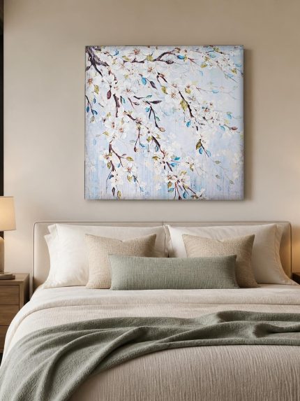 Witte Bloesemtakken, Bloemen & Stilleven schilderij aan de muur in interieur