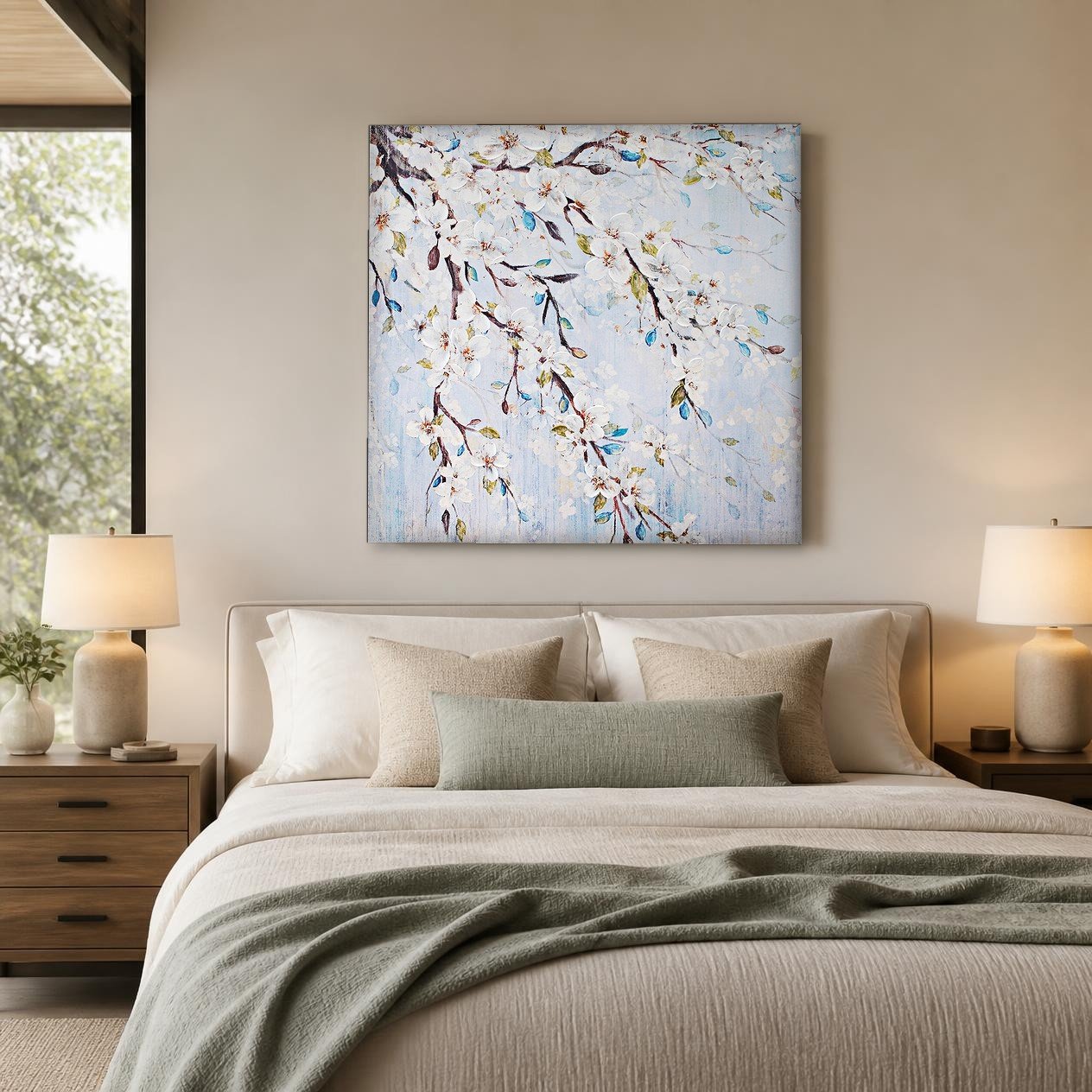 Witte Bloesemtakken, Bloemen & Stilleven schilderij aan de muur in interieur