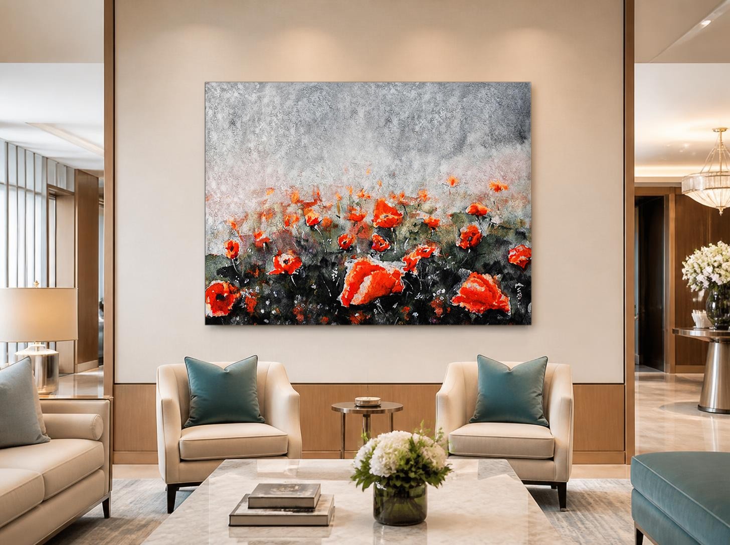 Klaprozenveld in de mist, Bloemen & Stilleven schilderij aan de muur in interieur