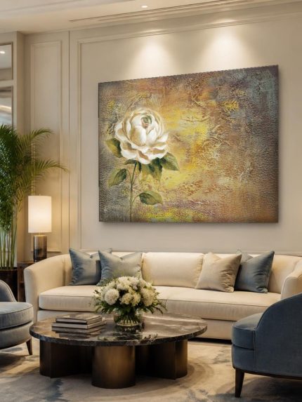 Witte roos op geschilderde textuur, Bloemen & Stilleven schilderij aan de muur in interieur