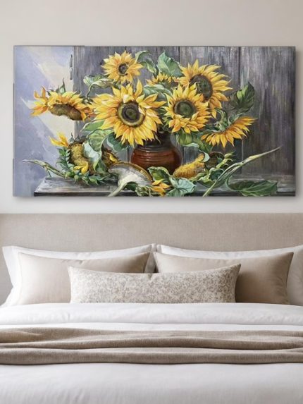 Zonnebloemen in Aardewerken Kruik, Bloemen & Stilleven schilderij aan de muur in interieur