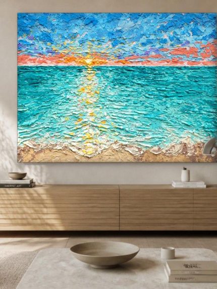 Gouden Zonsondergang aan Zee, Natuur & Landschap schilderij aan de muur in interieur