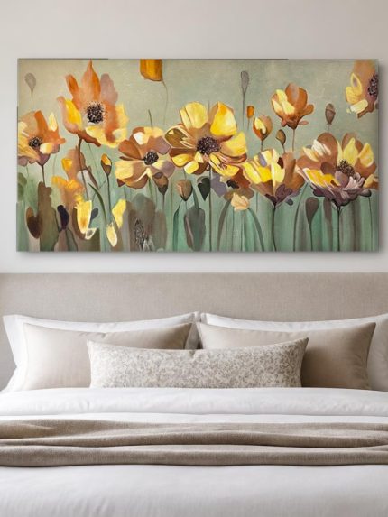 Veldbloemen in Gouden Licht, Bloemen & Stilleven schilderij aan de muur in interieur