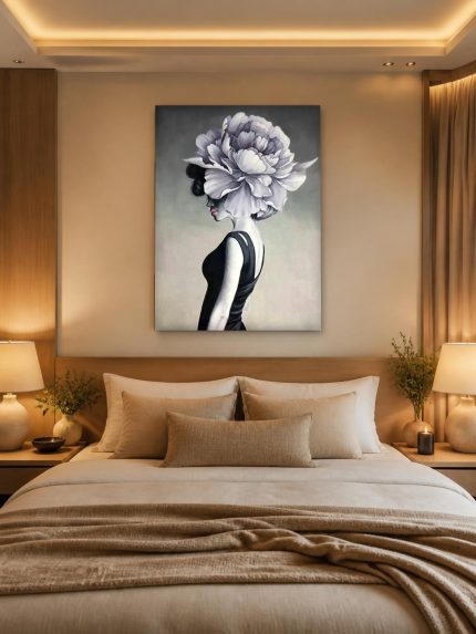 Vrouwenprofiel met Pioenroos, Mensen & Portretten schilderij aan de muur in interieur