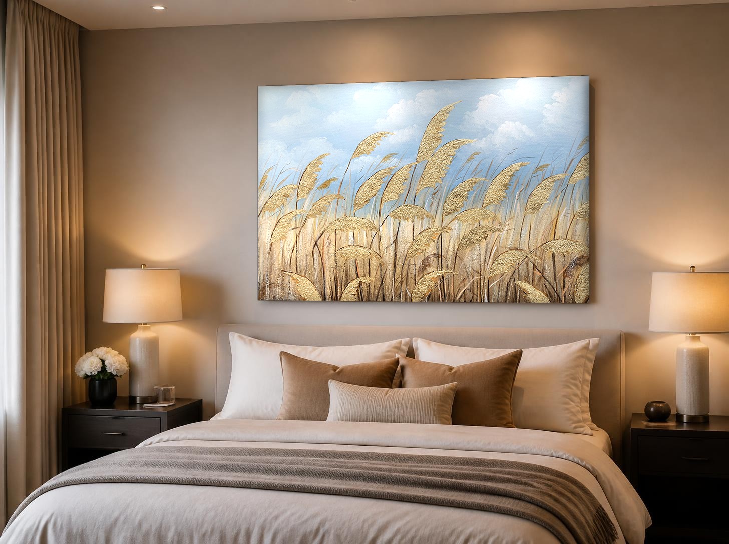 Wuivend Gouden Riet, Natuur & Landschap schilderij aan de muur in interieur