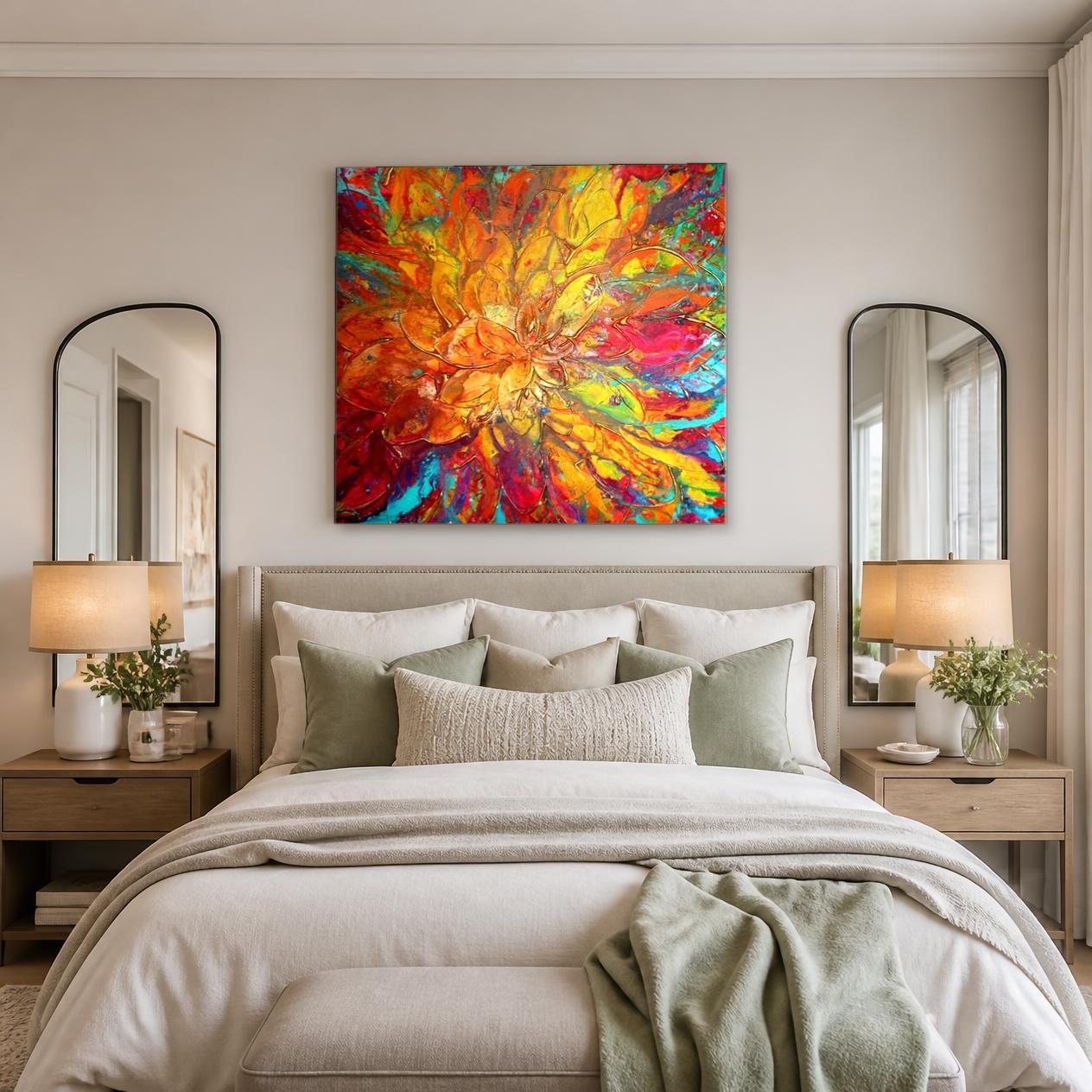 Vurige Dahlia in Bloei, Bloemen & Stilleven schilderij aan de muur in interieur