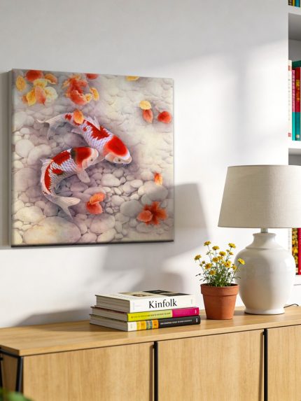 Koikarpers tussen Herfstbladeren, Dieren schilderij aan de muur in interieur