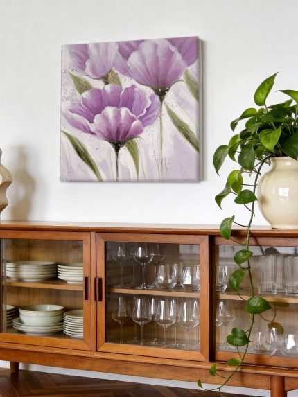 Paarse Klaprozen in Bloei, Bloemen & Stilleven schilderij aan de muur in interieur