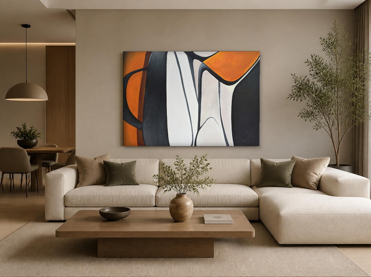 Vloeiende Contouren in Oranje, Abstract & Modern schilderij aan de muur in interieur