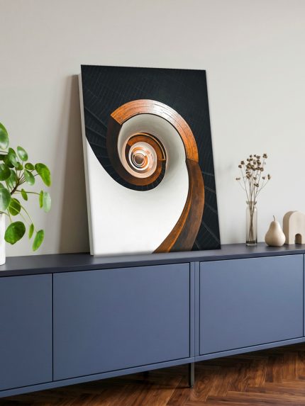 Spiraal van Hout en Licht, Abstract & Modern schilderij aan de muur in interieur