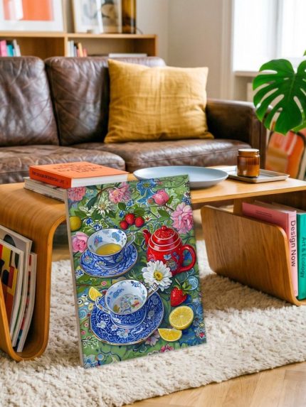 Theeservies in Blauw en Rood, Bloemen & Stilleven schilderij aan de muur in interieur