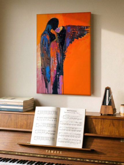 Omhelzing in Oranje, Mensen & Portretten schilderij aan de muur in interieur