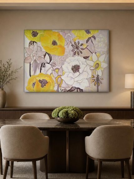 Gele Papavers en Witte Bloesem, Bloemen & Stilleven schilderij aan de muur in interieur