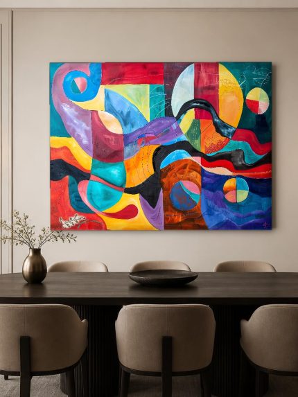 Kubistisch Kleurenspel, Abstract & Modern schilderij aan de muur in interieur