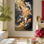 Koikarpers in Goud, Dieren schilderij aan de muur in interieur