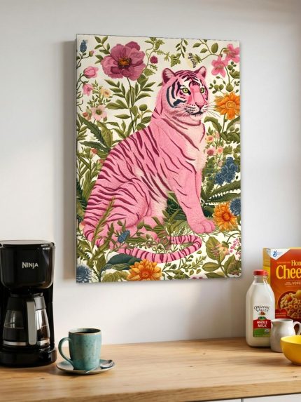 Roze Tijger tussen Bloesem, Dieren schilderij aan de muur in interieur