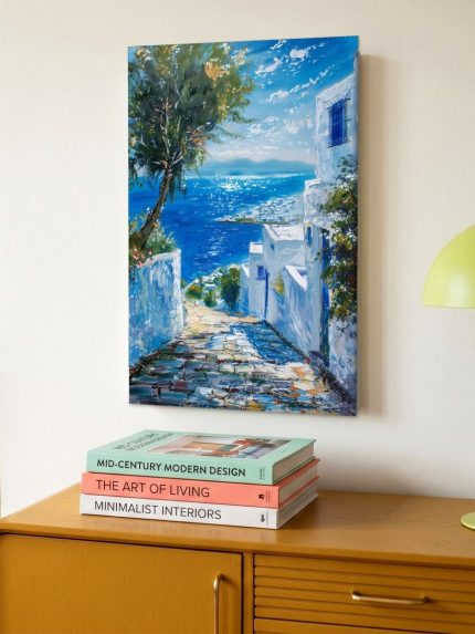 Zonnig Steegje op Mykonos, Natuur & Landschap schilderij aan de muur in interieur