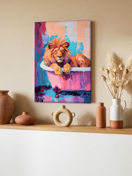 Leeuw in Kleurrijk Bad, Dieren schilderij aan de muur in interieur