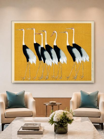 Kraanvogels (naar Kamisaka Sekka), Dieren schilderij aan de muur in interieur
