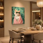 Kat met Zonnebril en Roze Handdoek, Dieren schilderij aan de muur in interieur