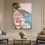 Pastelkleurig Kustdorp aan Zee, Natuur & Landschap schilderij aan de muur in interieur