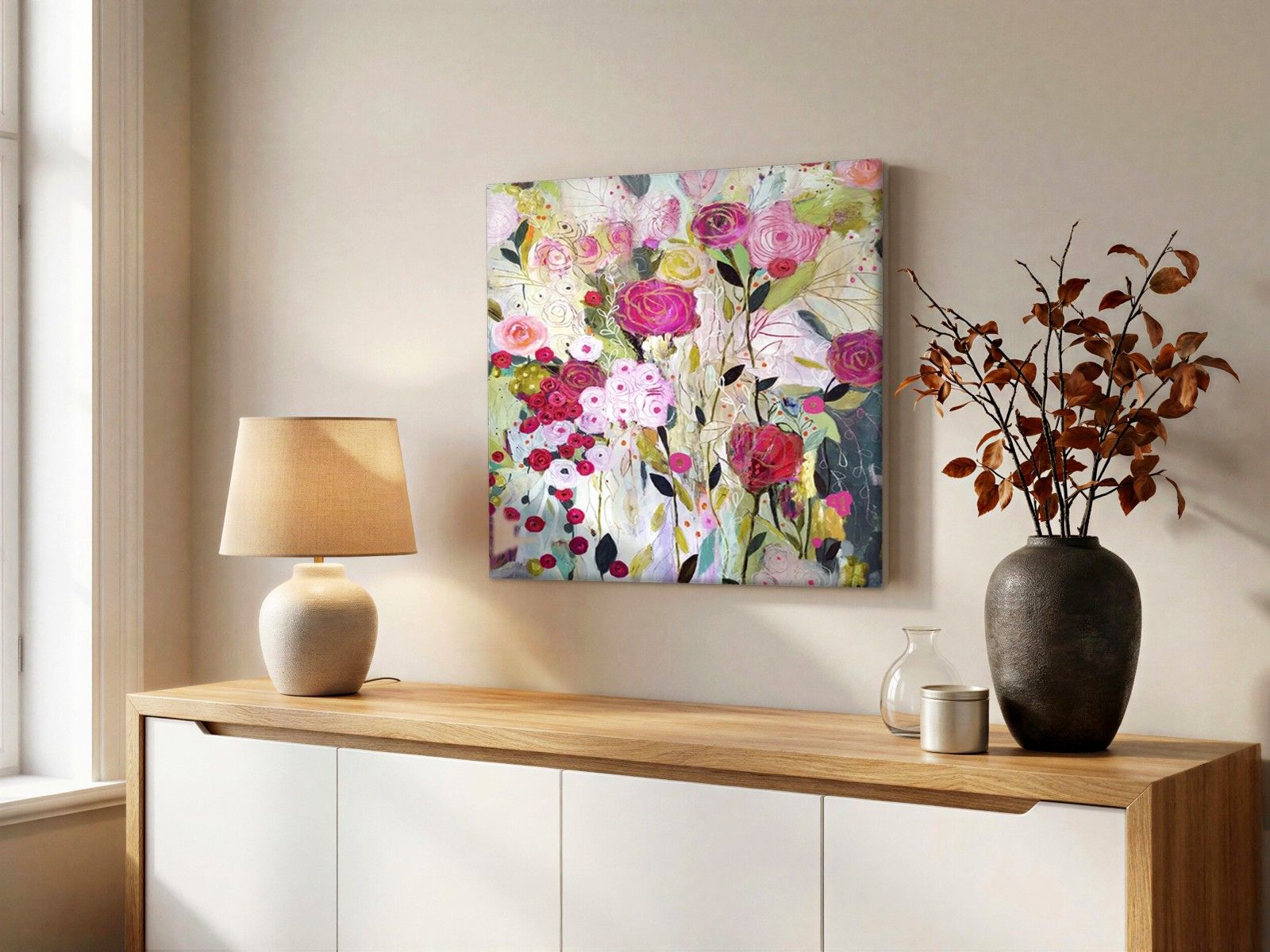 Wilde Rozen in Bloei, Bloemen & Stilleven schilderij aan de muur in interieur