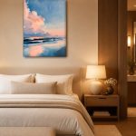 Roze Wolken boven Zee, Natuur & Landschap schilderij aan de muur in interieur