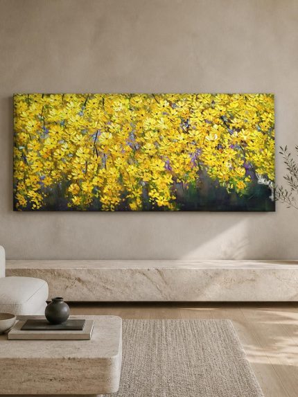 Goudgele Bloesemtak, Bloemen & Stilleven schilderij aan de muur in interieur