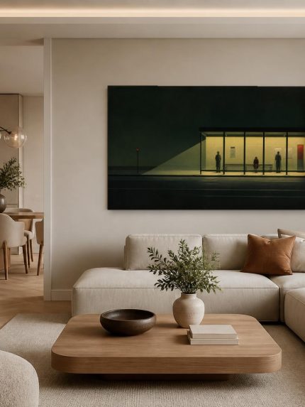 Stille Halte in de Nacht, Steden & Skylines schilderij aan de muur in interieur