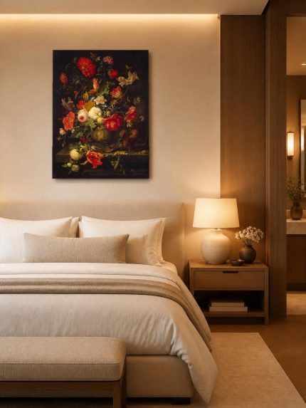 Weelderig bloemstilleven (naar Mignon), Bloemen & Stilleven schilderij aan de muur in interieur