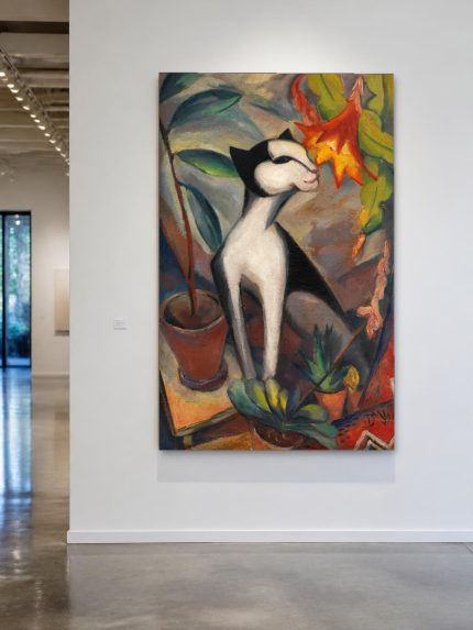 Gestileerde Kat Tussen Bloemen, Dieren schilderij aan de muur in interieur