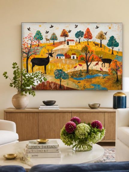 Herten in het herfstlandschap, Dieren schilderij aan de muur in interieur